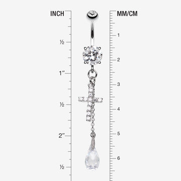 Detail View 1 of Mini Cross Shimmer Belly Ring-Clear Gem